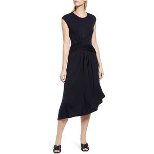 Halogen Black Twist Waist Asymmetrical Hem Midi Dress Size S NWT